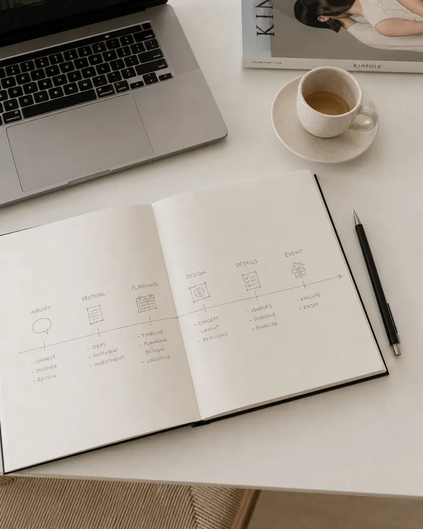 A clean overview of an event flow next to a cup of coffee
